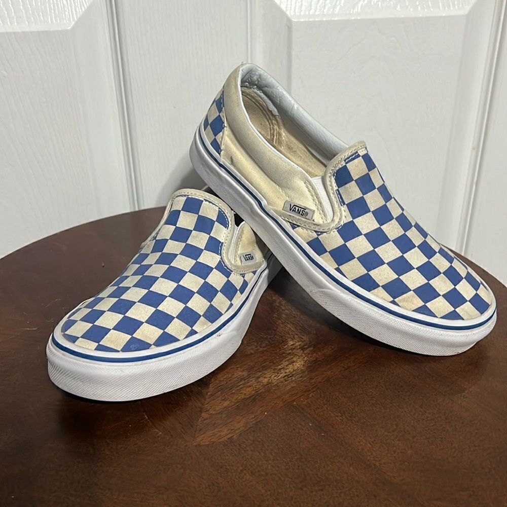 🔥 Vans Off The Wall Blue/Off White Checkered  Slip On Sneakers Men 5  Women 6.5